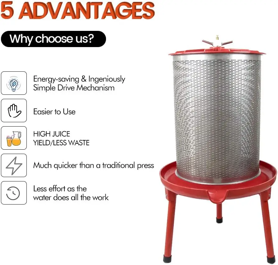 Electricity-Free/Water-powered Cider Wine Bladder Press, Natural Juice Making(10.7 Gallon 3