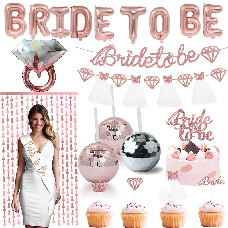 

Wedding Decoration Rose Gold Bride To Be Letter Foil Ballon Banner Cake Topper Bride Veil Sash Bachelorette Party wedding supply