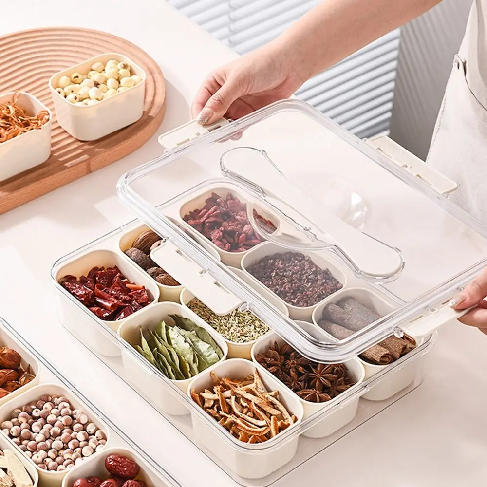 

9 отделений, разделенный сервировочный поднос с крышкой, многофункциональный контейнер для хранения в холодильнике, удобная портативная кухонная коробка для приправ