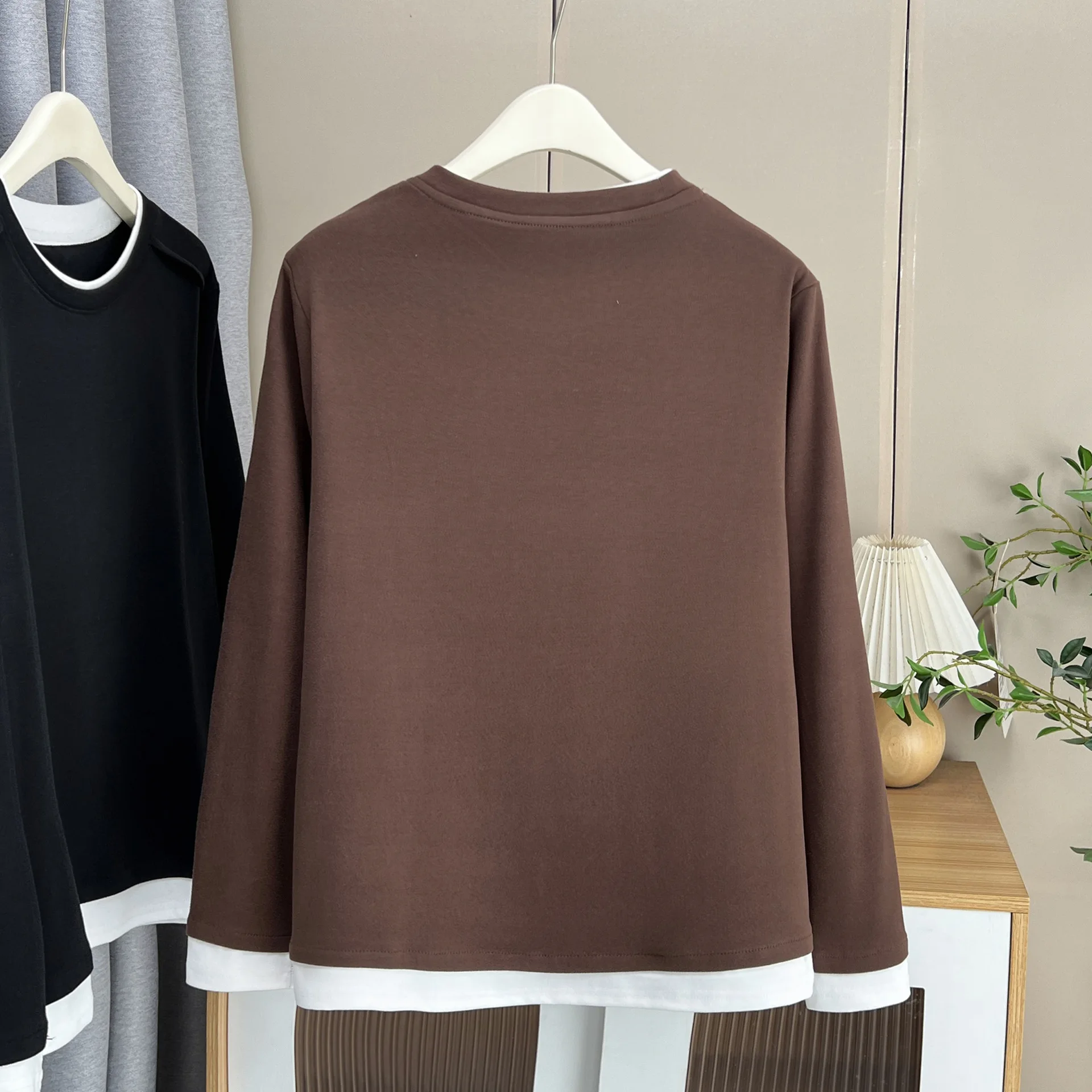 XXXXL Fashion Plus Size Women's T-Shirt Simple Block Color Long Sleeved DE Velvet Warm Base Tops For Autumn And Winter 2435