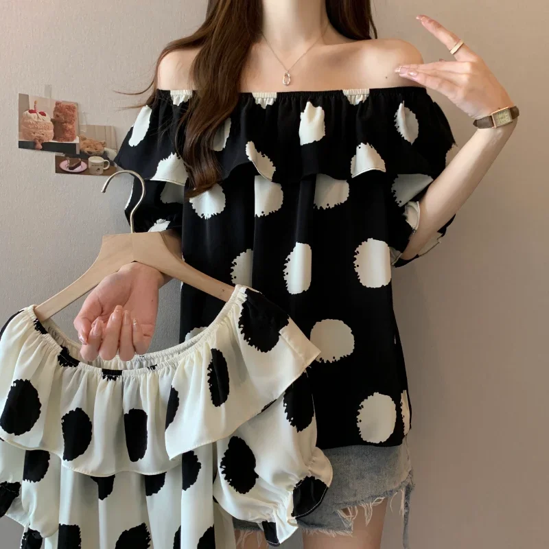 

Casual Polka Dot Shirt Sweet Ruffles Blouse Off Shoulder Tops Summer Short Sleeve Chiffon Shirt for Women Loose Clothes 27905