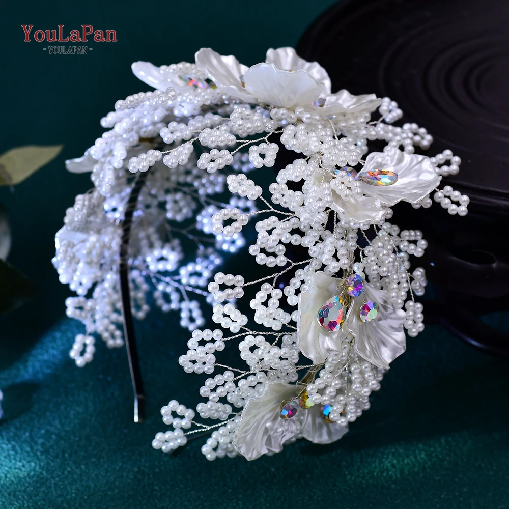 TOPQUEEN Bridal Hair Hoop Wedding Faux Pearl Hair Accessories Colorful Rhinestone Headband Shell Flower Hair Decoration HP675