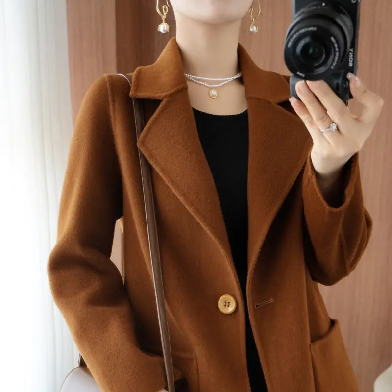 2023 Winter New Women Elegance Pure Wool Reversible Cashmere Coat Female Fashion Casual One Button Slim Fit Long Woolen Outwea