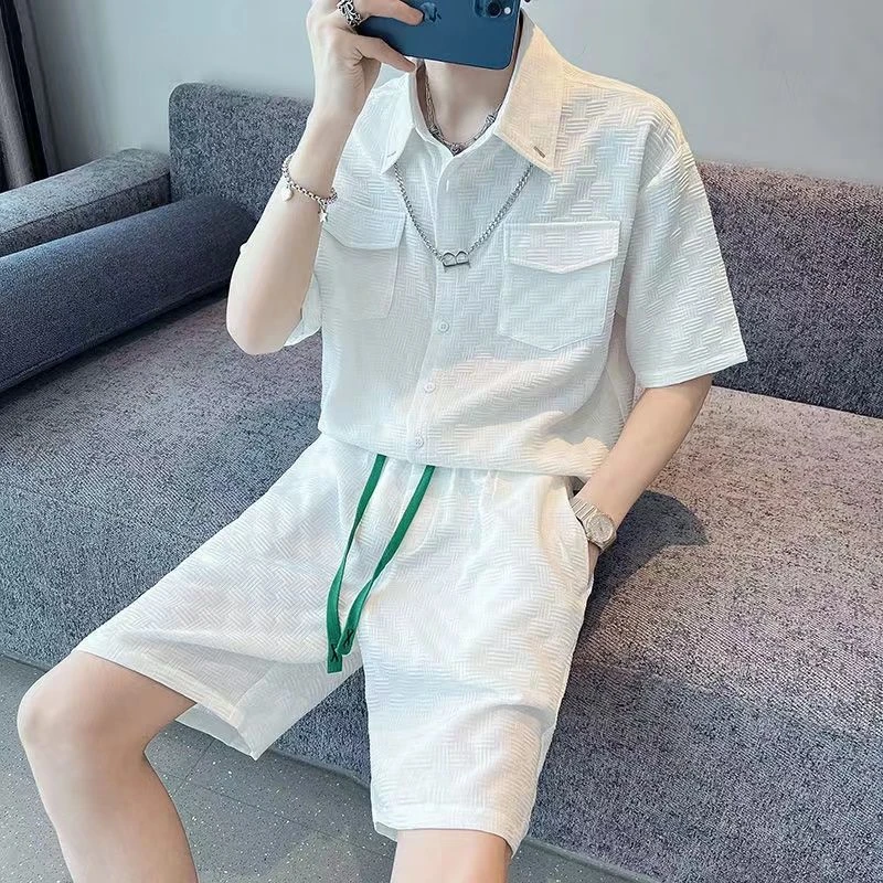 2023 Trend Baggy Top Shorts Sets White Cool No Logo T Shirt Man Fashion Aesthetic Korean Style Nylon Xl Men's Clothing Young La