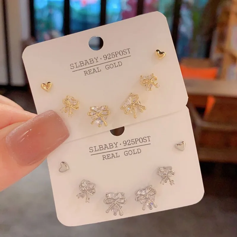 6Pcs/set Bowknot Heart Zircon Stud Earring Sets for Women Exquisite Daily Match Stackable Stud Earrings Gifts