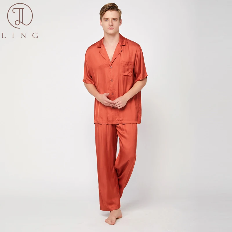 Ling Ginger Orange Silk Satin Mens Pajama Sets Half Sleeve Men's Sleep Lounge Sleepwear Elegant Two Piece Sets M-XXL