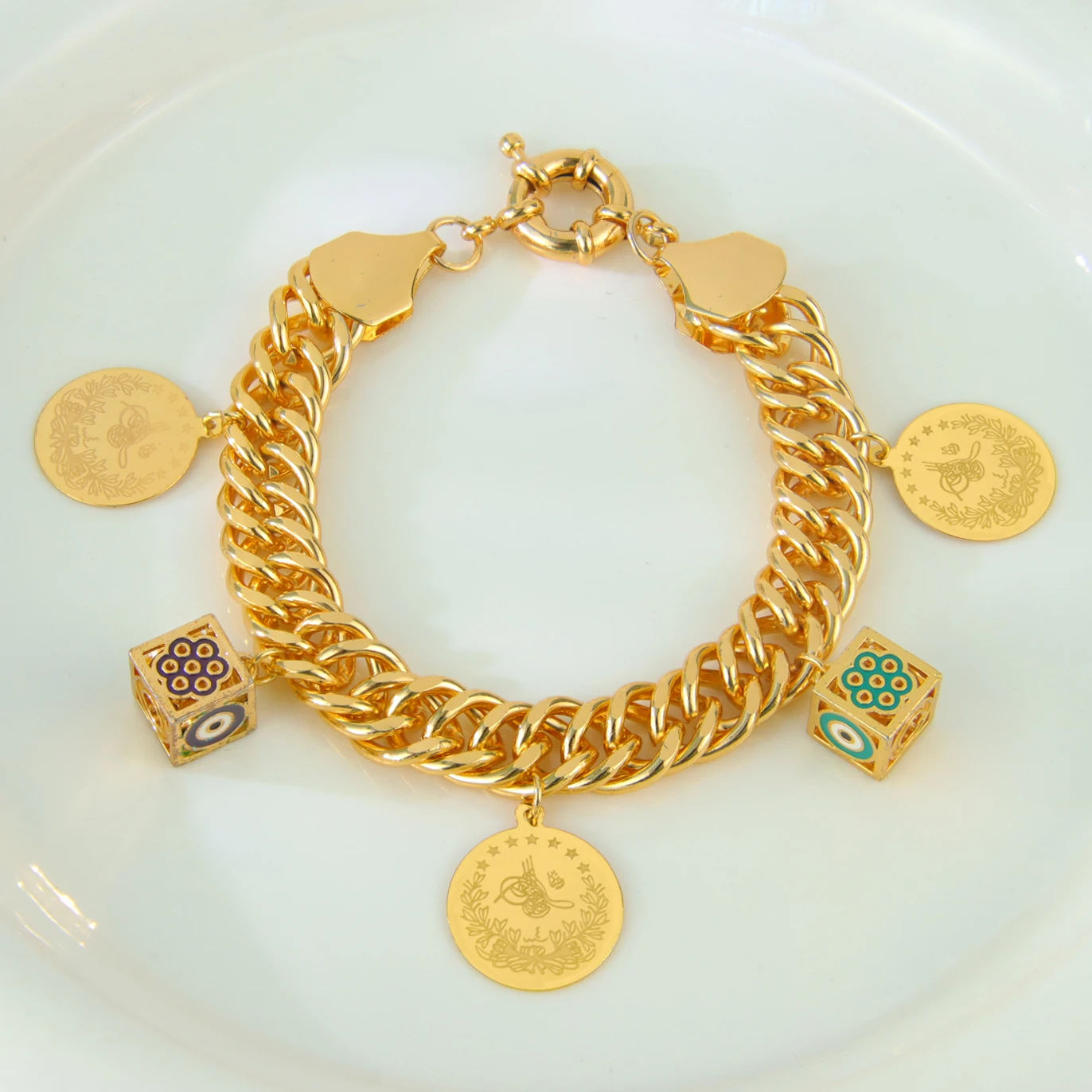 Arabisches Islamisches Glücksarmband 21k Vergoldet Italienische Mode Hip-Hop Charm-Armbänder Dubai Damen Festival Party Schmuck – Detail 7