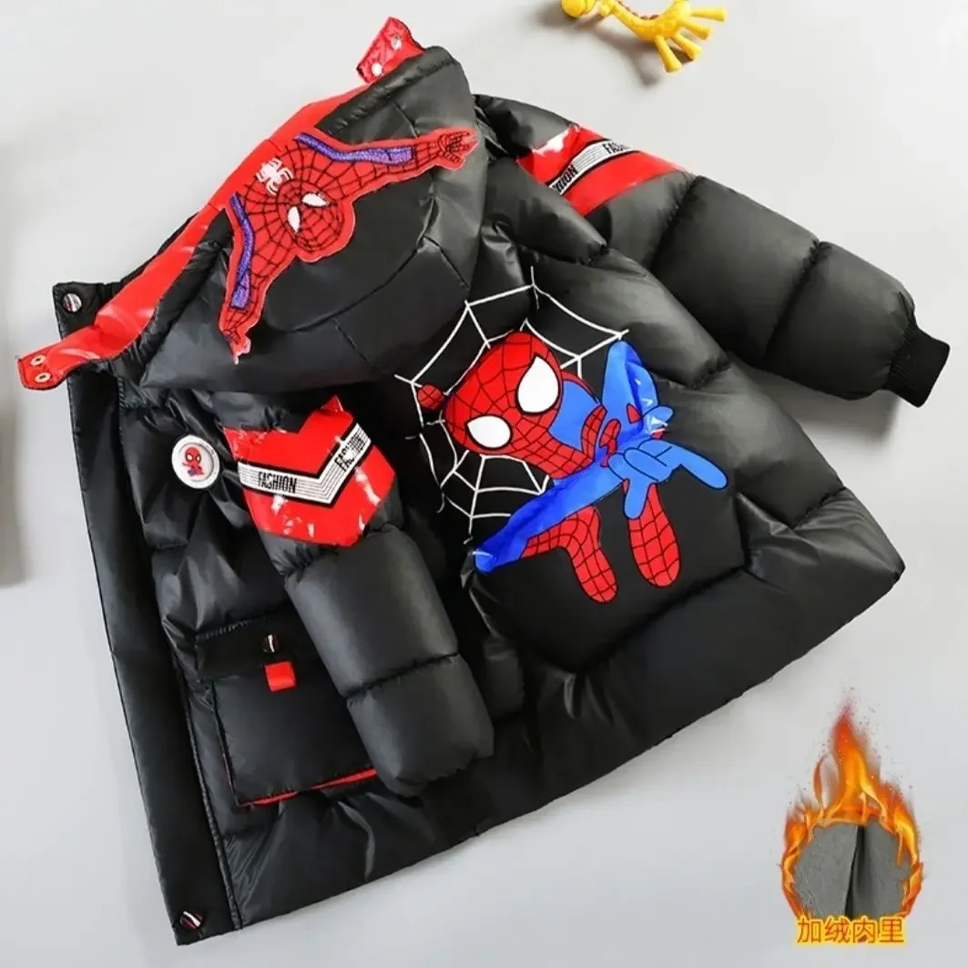Children Warm Cotton-padded Coat Winter Kids Boys Cartoon Spider Man Hooded Parka Toddler Plush Thick No Wash Outerwear