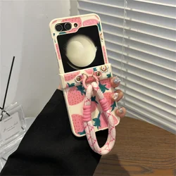 Cute Pink Strawberry Portable Phone Case with Pink Rope - Stylish Back Cover - Samsung Z Flip 5 (A)