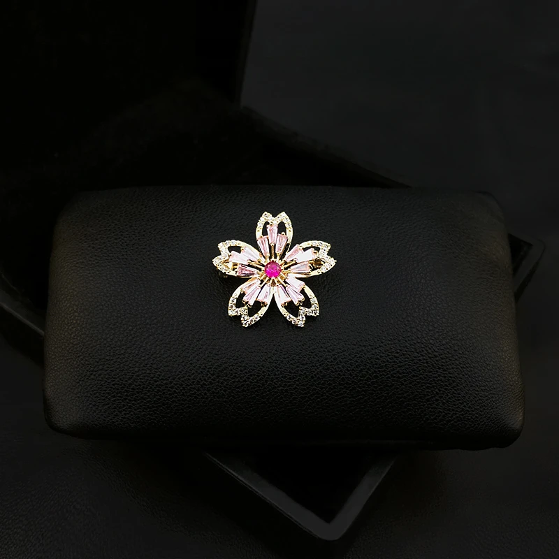 Cute Cherry Blossom Flower Small Brooch Women's High-Grade Crystal Collar Pin Fixed Clothes Anti-Exposure Ornament Jewelry 3508