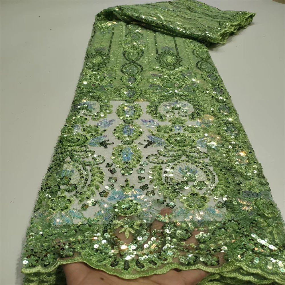 

2023 Sequins Tulle Lace Green African Sequence Lace Fabric with Beads High Quality Nigerian French Mesh Net Lace Fabric