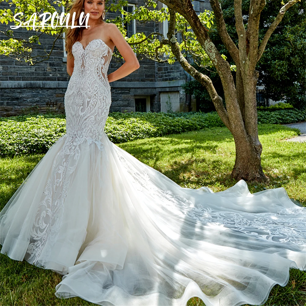 

Strapless Flare Gown Wedding Dresses For Woman Chapel Train Bride Dresses Lace Horsehair Bridal Gown Vestidos De Novia