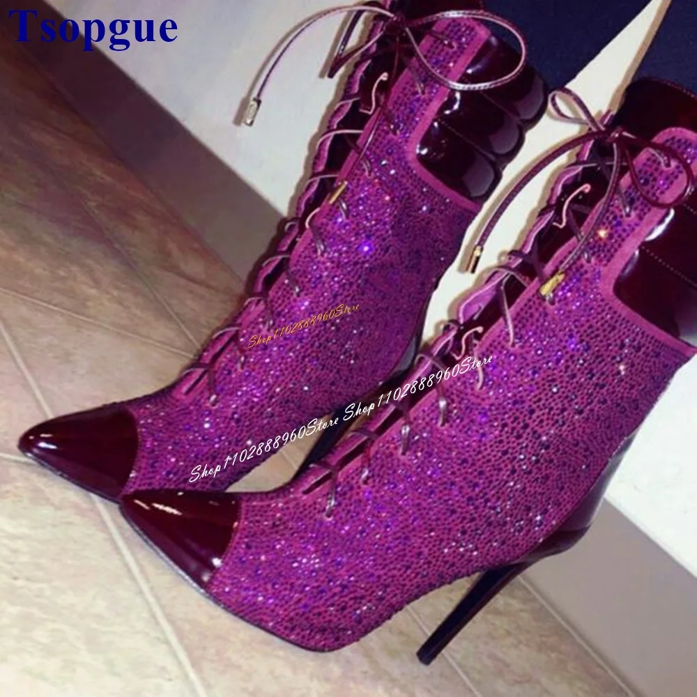 

Cross Tied Sparkling Purple Splicing Crystal Ankle Boots Thin High Heel Women Shoes Lace Up Pointed Toe 2024 Zapatos Para Mujere