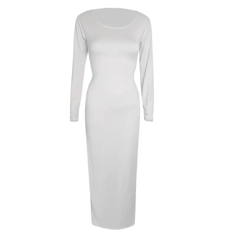 B106 round neck long sleeve dress White