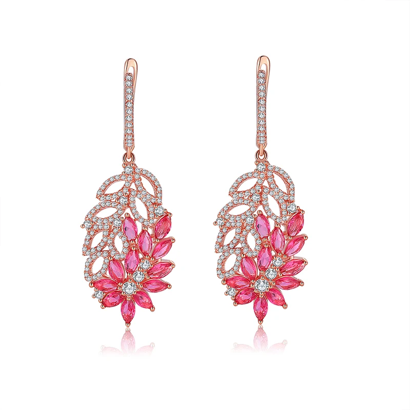 

KOSE High End Fashion Flower Earrings Super Flash Temperament Pink Long Tassel Temperament Exaggerated Zircon Bridal Earrings