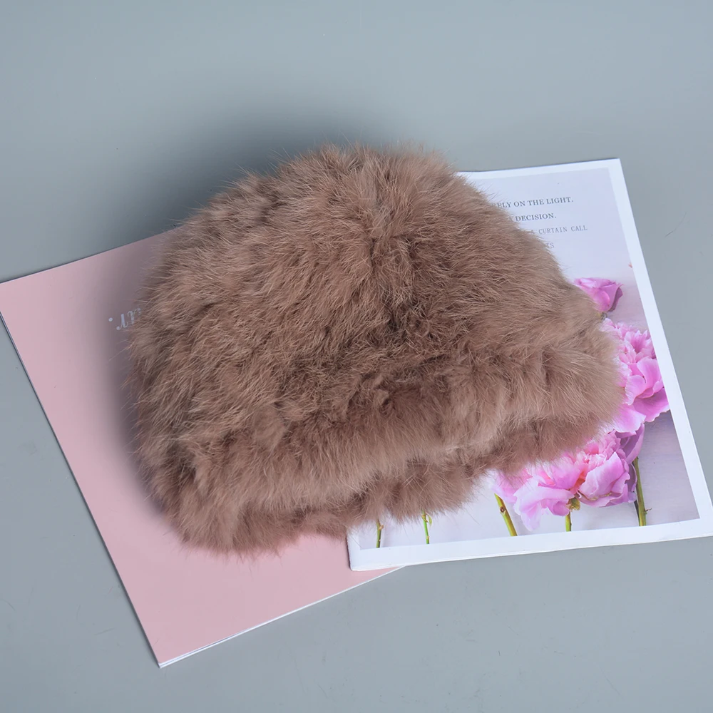 Fur Hat Winter Hat Russian Women Knitted Real Rabbit Fur Bomber Hats Winter Lady Warm Fluffy