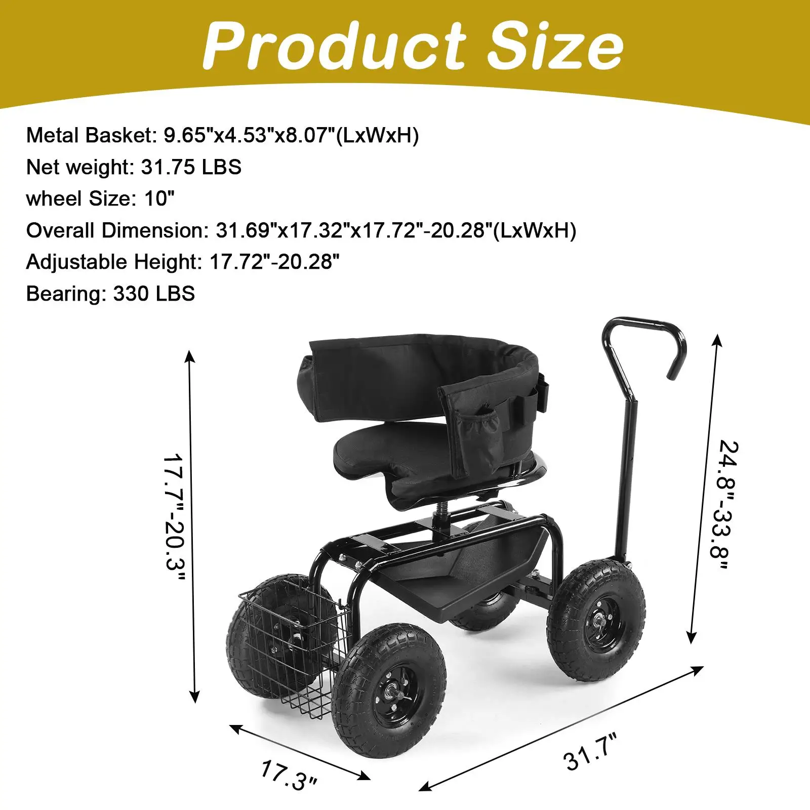 360&deg; Swivel Gardening Cart with Cushioned Seat & Tool Tray Outdoor for planting Stool with Steering Handle Black