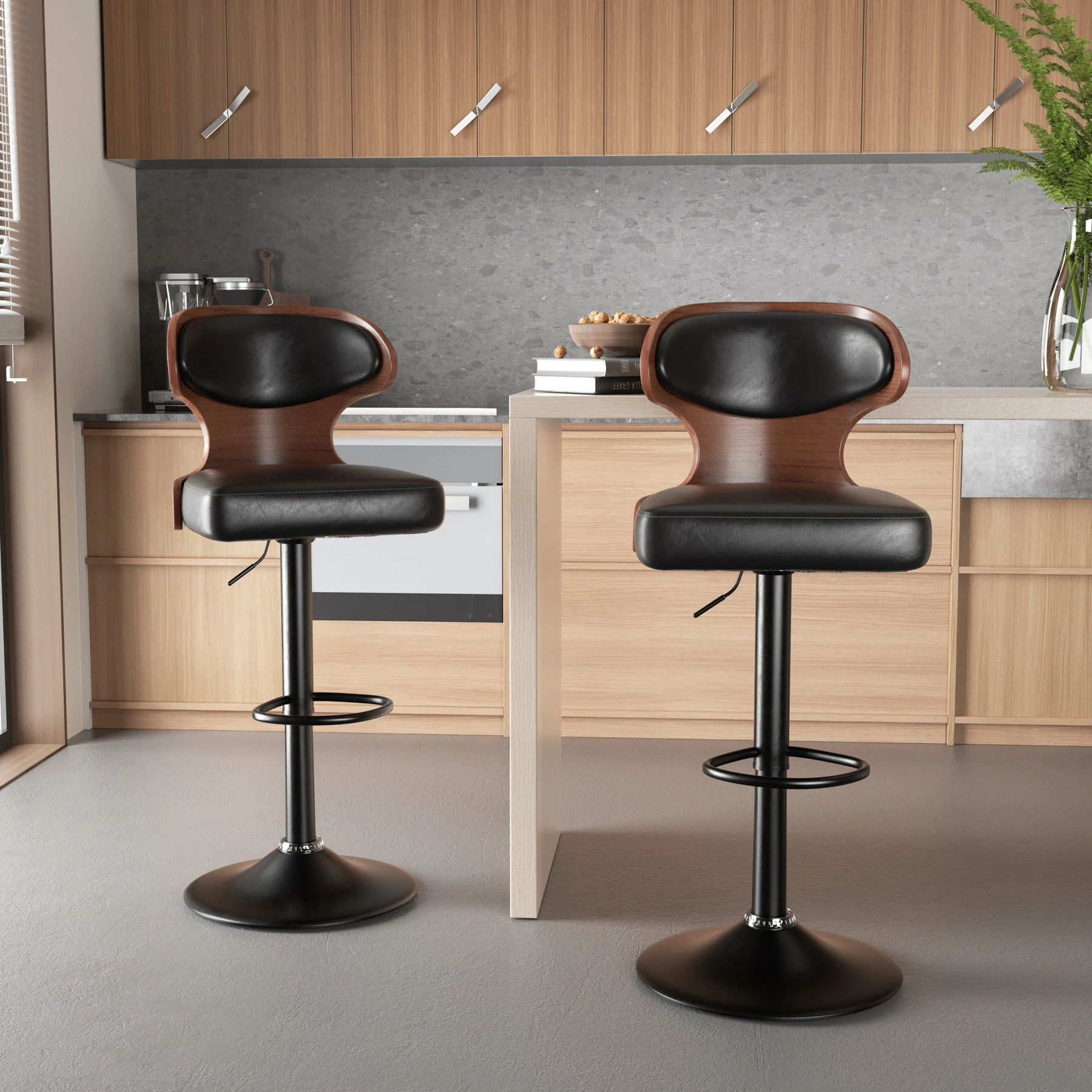 Bar Stool 2-Piece Set, Bent Wood Swivel Bar Stool with Backrest and Footstool-Pu Leather Cushion Chair