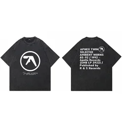 Men's Washed Black Graphic Oversized T-Shirt - Aphex Twin Streetwear Fashion - XXXL (Washed Black)