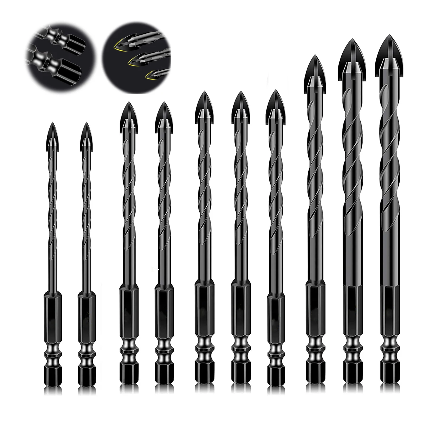 10 pcs 6mm triangle drill bit multifunctional alloy head drill bits set for ceramic tile glass wood drilling hole opener Cross Hex Tile Bits Glass Ceramic Concrete Hole Opener Alloy Triangle Masonry Drill Bit Set Universal Drilling Tool for Brick