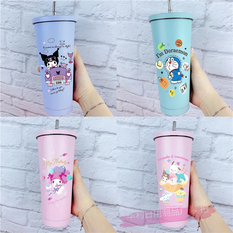 750ml Sanrio Hellokitty Mymelody Kuromi Cinnamoroll Purin Stainless Steel  Straw Cup Cute Double-layer Thermos Cup Ice Bully Cup