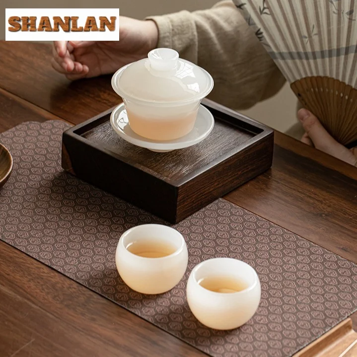 135ml High End White Jade Porcelain Gaiwan Japanese Non Hot Sancai Glass Tea Tureen Tea Maker Cover Bowl Mug Services Craft
