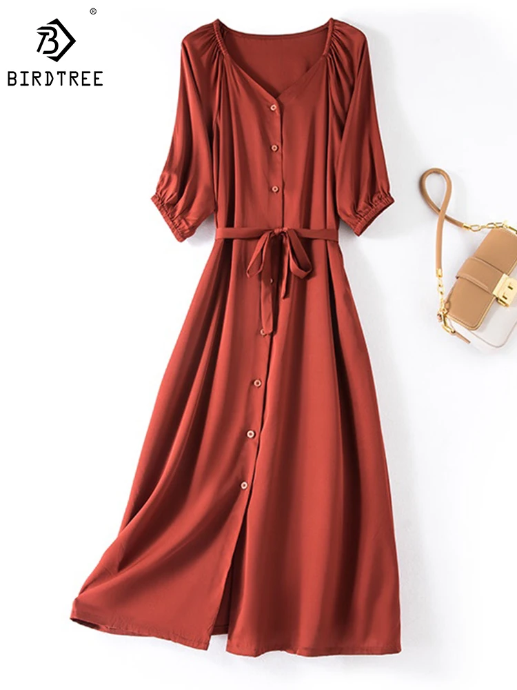 

Birdtree 93%Mulberry Silk Stretch Double Joe Satin Simple Lace-Up Long Skirt Cinched Waist Shows Thin V-neck Dress D38843QD