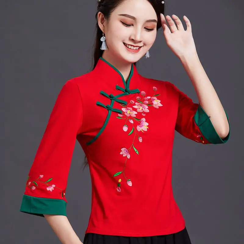 Traditional Embroidery Chinese Clothing For Women Tang Chinese Style Shirt Female Short Sleeve Summer Cheongsam Top Hanfu