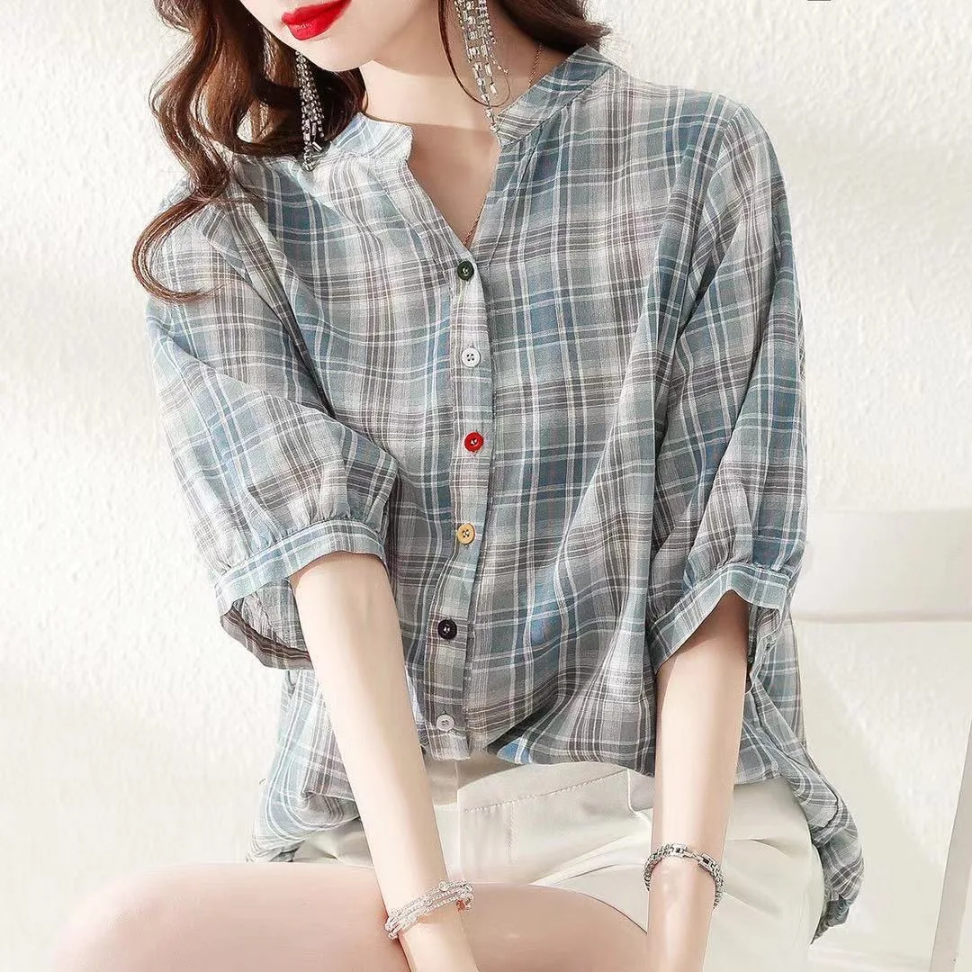 Blusas de verano para mujer, informales, con cuello en V, manga corta, a rayas y estampado DF4537