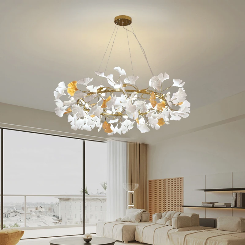 

SGROW Nordic Lamp Hanging Living Room Bedroom Modern Dining Room Kitchen Ginkgo Leaf Lamp Round Lndoor Luxury Ceiling Chandelier