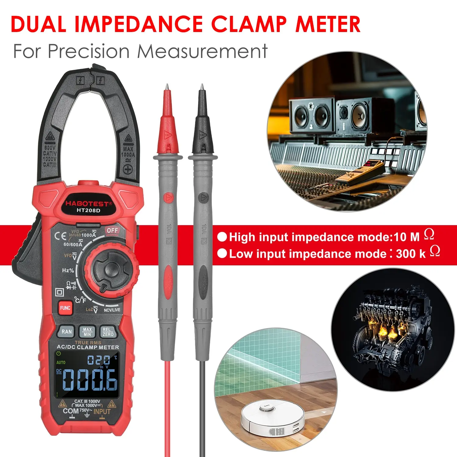 HABOTEST HT208D AC/DC Digital Clamp Meter True-RMS Multimeter Anto-Ranging Tester Current Clamp with Amp Volt Ohm Diode digital multimeter clamp meter