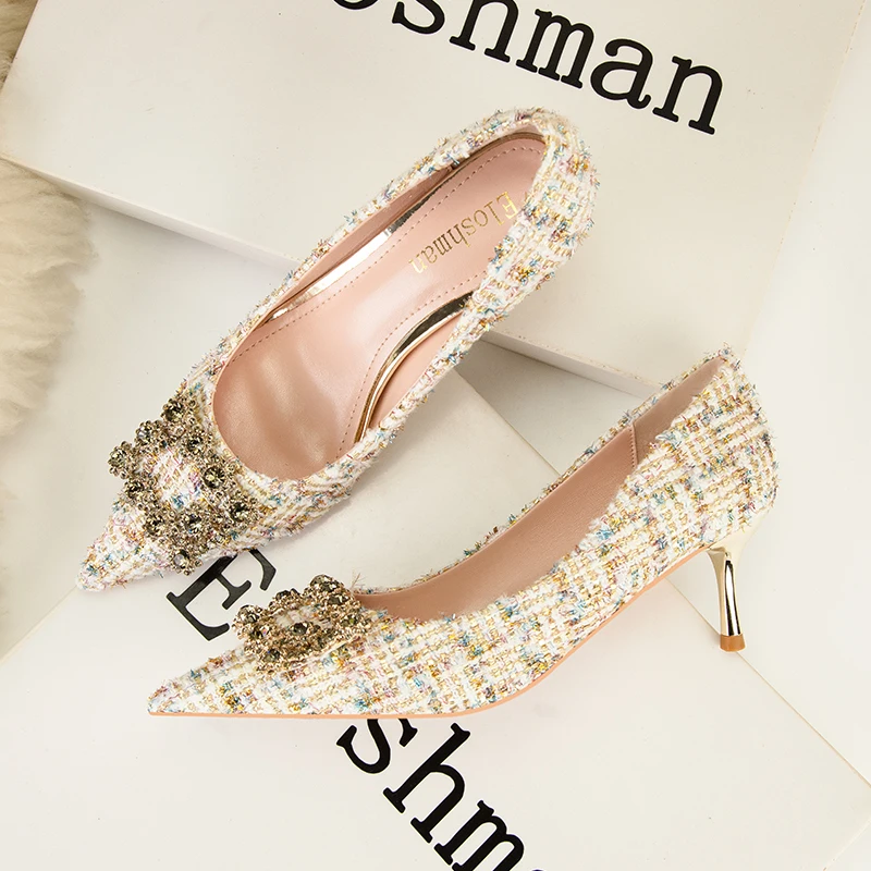 Fashion Buckle Pumps Women High Heel Shoes Elegant Rhinestone Ladies Office Shoes Pointed Toe Women Party Wedding Shoes Pumps