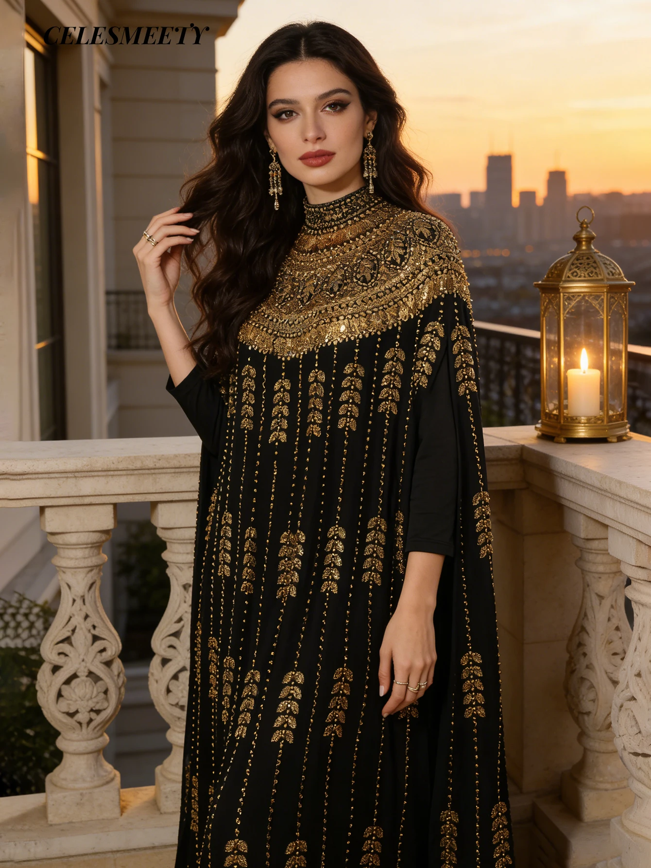 Luxury Women's Royal Black Gold V-Neck Sequin Embroidered Arabian Abaya Cloak Sleeve Dress, Suitable For Parties, Weddings, Fami 2