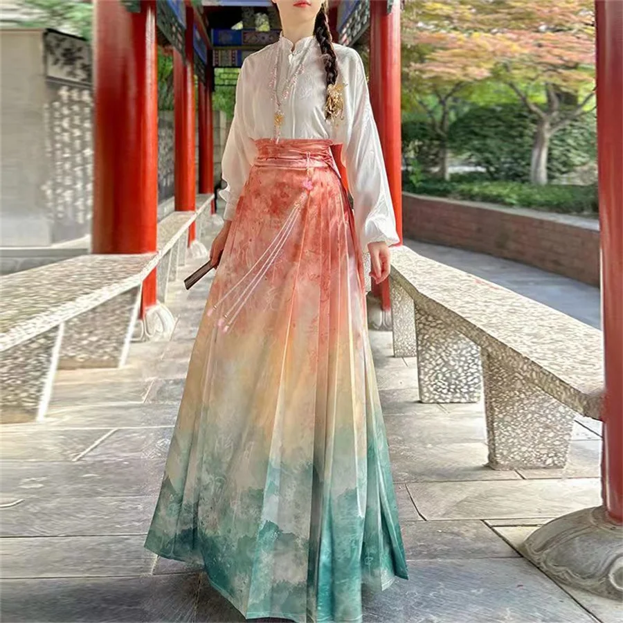 Robe Hanfu Femme Mamianqun Dynastie Ming – Jupe Plissée Broderie Visage D'Horce + Haut Chemisier Traditionnel Chinois Élégant
