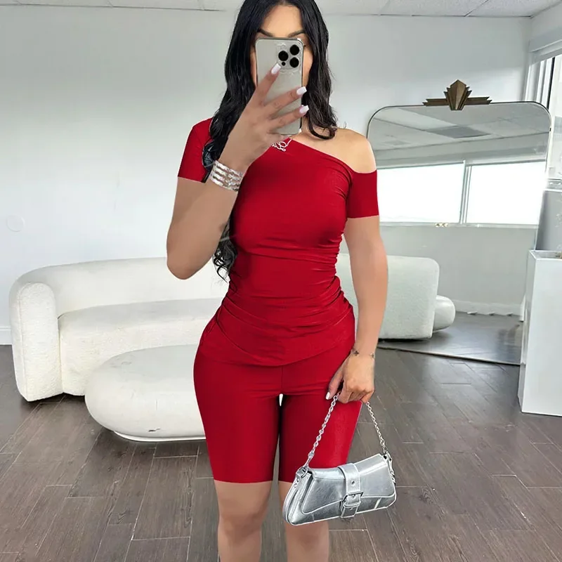 Solid Elegant Shorts Set Women Two Piece Set Summer Clothes Off Shoulder Short Sleeve Top and Shorts Casual Matching Sets Outfit