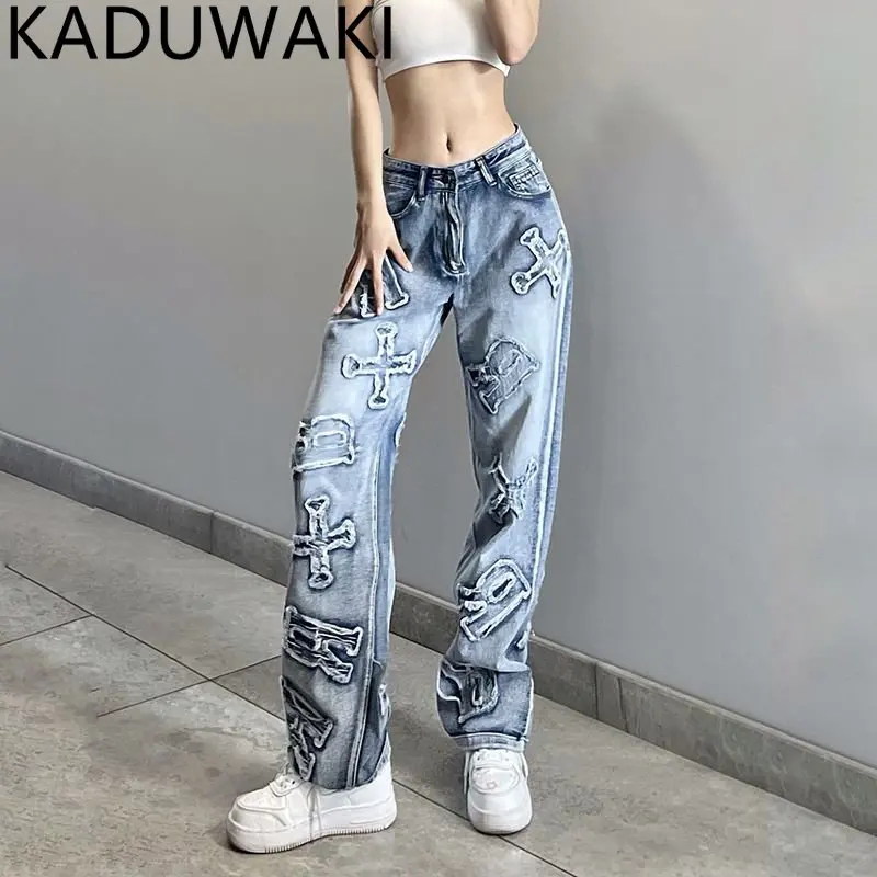 

letter embroidery Patchwork Jeans Y2K Streetwear Baggy Straight Cargo Pants Punk High Waist Wide Leg Denim Trousers 90s Vintage