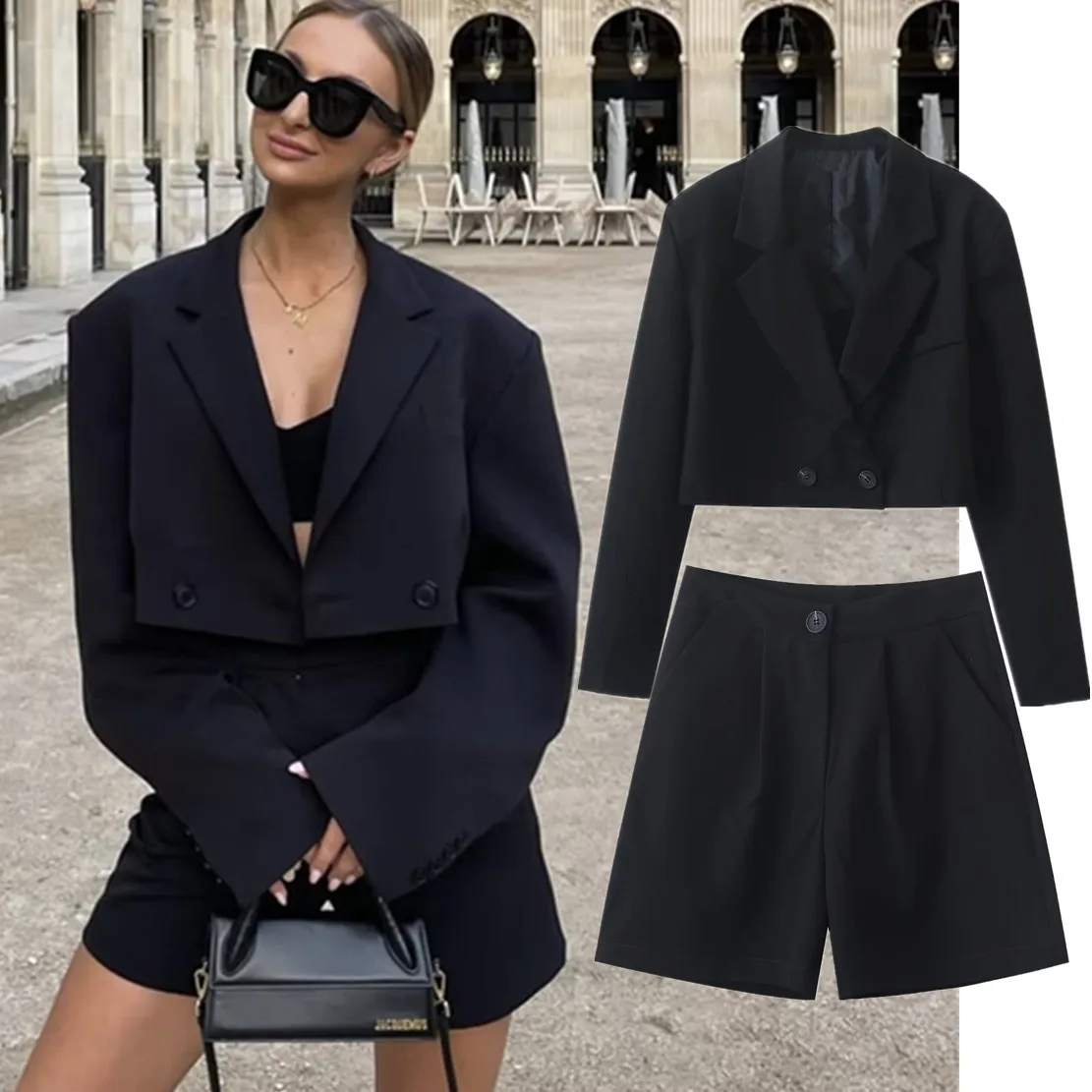 Maxdutti French Style Retro Drop Shoulder Loose Short Jacket Blazers Fashion High Waist Harem Shorts Sets maxdutti 2023 autumn new high street leather jacket casual blazers suit women fashion blogger retro double breasted