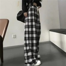  Black and White Plaid pants Oversize New Women Casual Loose Wide Leg Trousers Ins Retro Teen Straight Trousers Hiphop Streetwear 