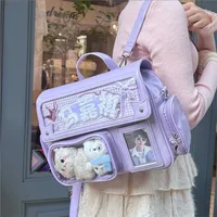 Sac à dos japonais de couleur unie pour femmes, carré en cuir Y2K, Harajuku, grande capacité, Ita, poignée Anime, bandoulière 2