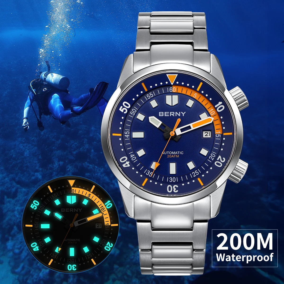 

BERNY Mens Diving Watch 42mm Sapphire AR Stainless Steel 200M Waterproof MIYOTA 8215 Automatic Mechanical Dive Watches Reloj