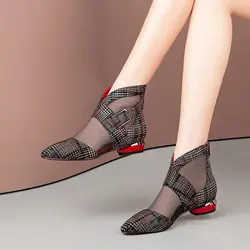 Spring and Autumn New Single Shoes Women's Low-heeled Women's Pointed Toe Mesh Buckle Side Hollow Pattern Black and Red