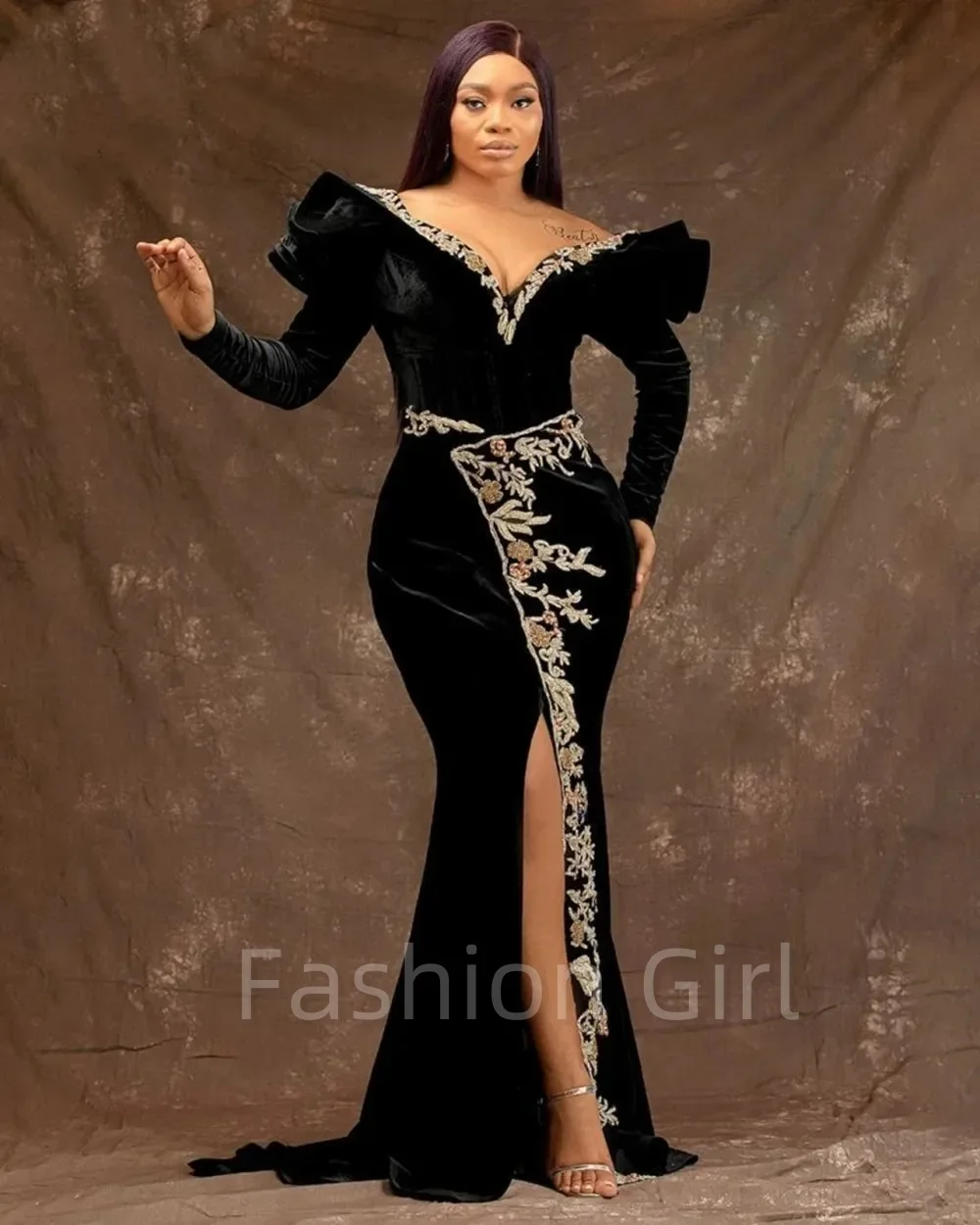 

Sexy Black Velvet Mermaid Split Gold Applique V-neck Long Sleeve Party Dance Formal Occasion Custom Luxury Evening Dress 2024