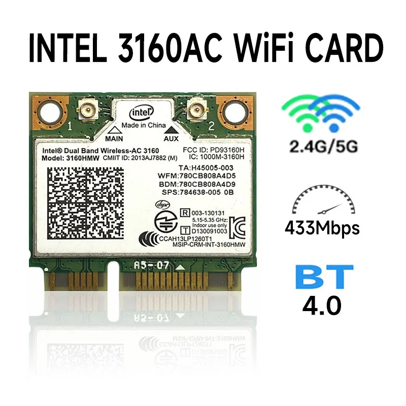 

Intel 3160.HMWG.R Dual Band Wireless AC + Bluetooth Mini PCIe card Supports 2.4 and 5.8Ghz B/G/N/AC Bands with Mounting Screws