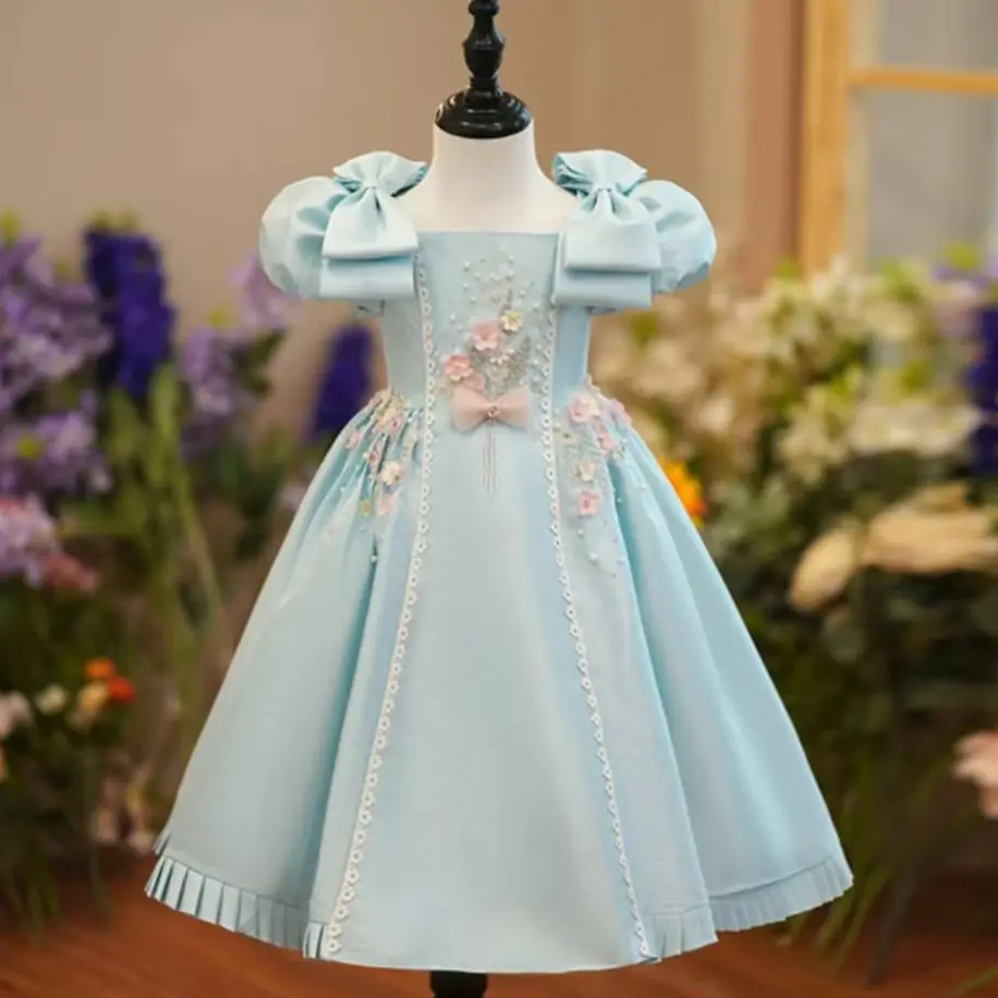 Light Blue Square Neck Puff Sleeves A-line Dresses For Girls Performance Activities Charming Beads Princess Gown Birthday Party