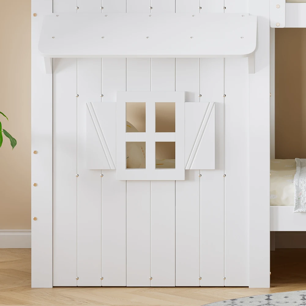 90 x 200 cm großes Kinder-Etagenbett, schönes Fenster und Dach, seitliche Sicherheitsgeländer, dreistufige gerade Leiter, stabiler Lattenrost – Detail 18