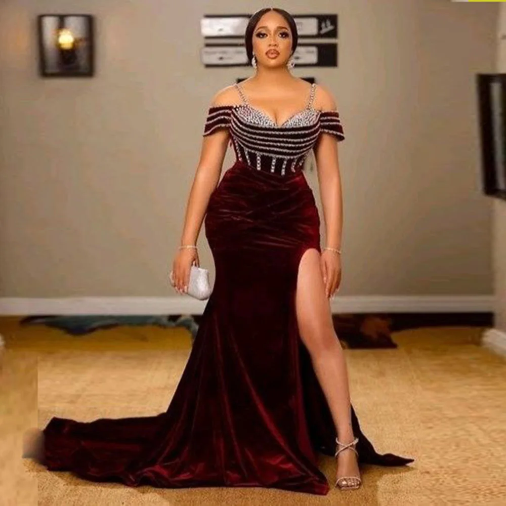 

Burgundy Velvet Mermaid Prom Dresses Aso Ebi Sexy High Split Plus Size Evening Gowns Off The Shoulder Formal Party Dress