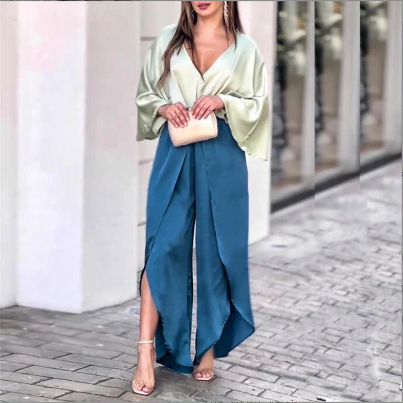 fashionable-and-elegant-women's-autumn-suit-loose-large-size-bat-sleeve-v-neck-cuff-sleeve-shirt-irregular-wide-leg-pants-two-se