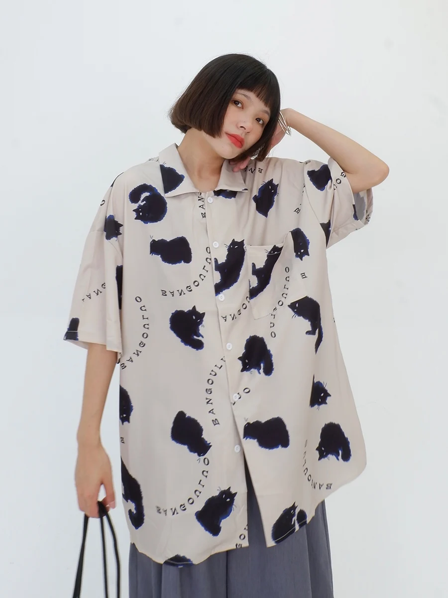 

Cat Short Sleeve Shirts Women's 2023 Summer New Loose Fit BF Retro Couple Versatile Top Trend