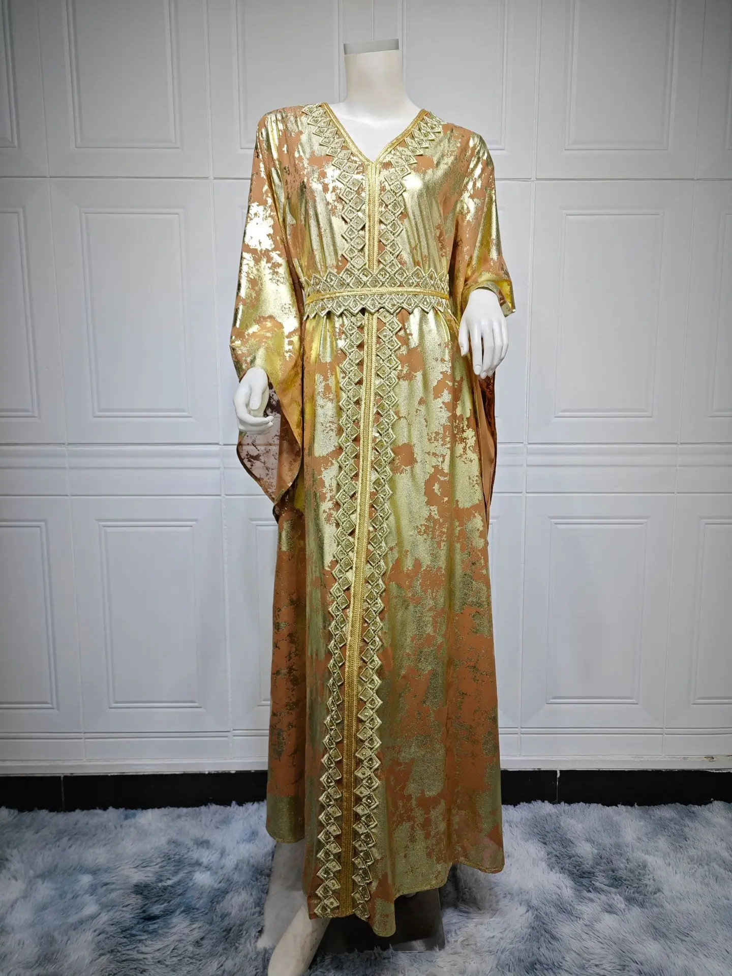 Women's Jalabiyat Moroccan Kaftan Abaya Dubai Print V-Neck Guipure