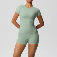 Workout Sportswear 2Pcs Piece Female Yoga Shirt Push Up Workout Clothes Women Outdoors Sport  High Waist  Fitness Sport Shorts - Image 3